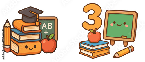 Stack of school books with pencil and blackboard