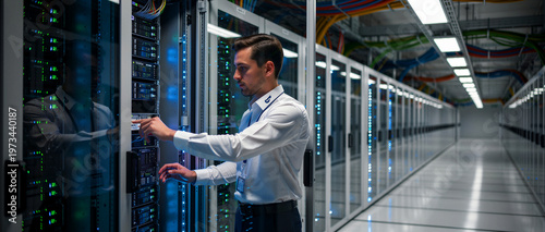 Dedicated male it specialist wearing a crisp white dress shirt performs essential server maintenance by checking hardware configurations and connection status to ensure optimal network performance