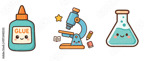 Cute smiling science and school supplies icons