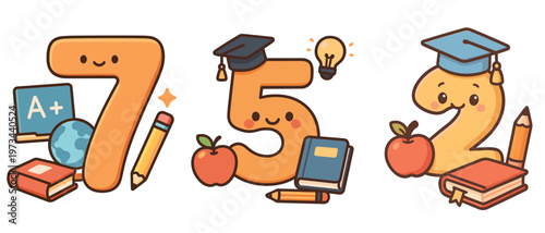 Cute Numbers Seven Five Two with School Items