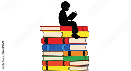Silhouette of a child reading on a stack of colorful books.