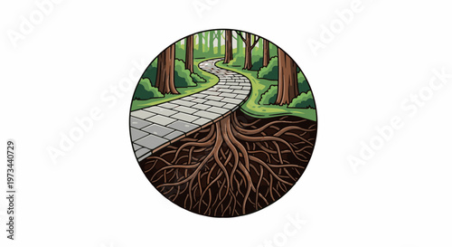 A stone path winds through a forest, with intricate roots exposed below the surface
