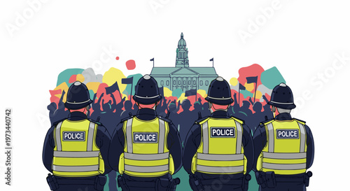 Police officers stand guard in front of a building during a protest with colorful abstract shapes and flags