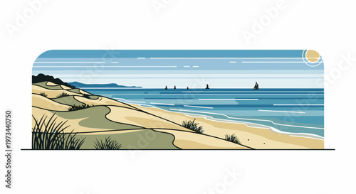 Stylized beach scene with rolling dunes, ocean waves, and sailboats under a hazy sun