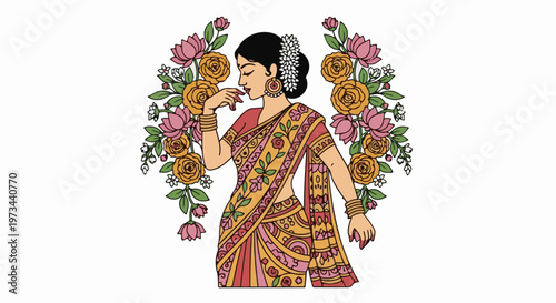Woman in ornate sari with floral halo
