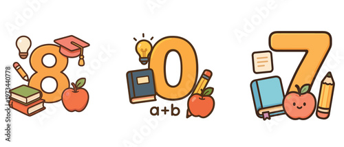 Numbers seven eight and zero with school objects flat vector