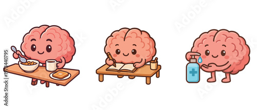 Cute brain characters eating studying and using sanitizer
