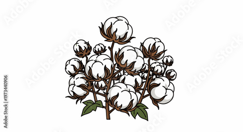 A detailed illustration of fluffy cotton bolls on brown branches with green leaves