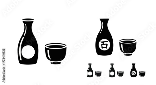 Minimalist Japanese Sake Bottle and Ochoko Cup Vector Icon Set for Restaurant Menu Design