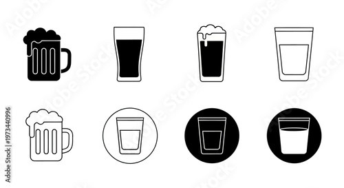 Minimalist Black and White Beer Mug and Drink Glass Icon Set Vector Graphics