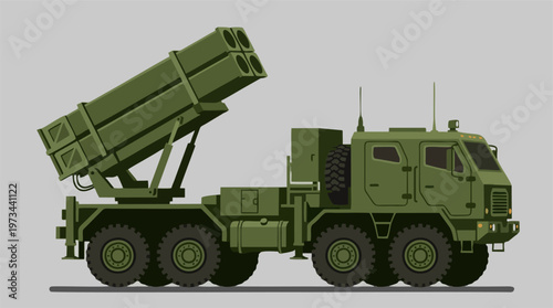 Military rocket launcher truck. Green army vehicle for defense. Tactical weapon vector.
