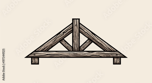 A rustic wooden triangular roof truss, supported by vertical posts