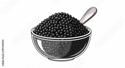 A silver spoon rests in a clear bowl overflowing with glistening black caviar