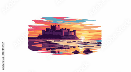 Pixelated castle on a rocky shore with a vibrant sunset reflected in the water