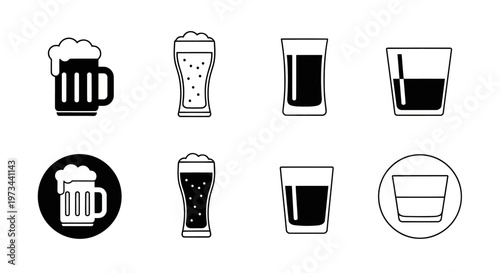 Set of Beer and Cocktail Glass Icons Flat Black and White Vector Illustration for Menu Design