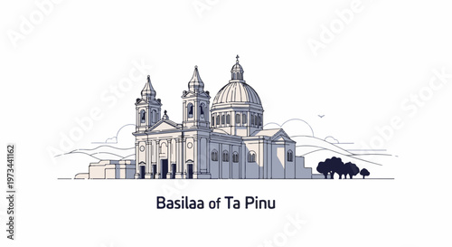 A stylized line drawing depicts a large domed church with twin spires against a minimalist sky