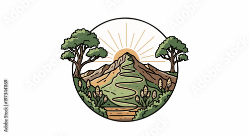 A stylized circular illustration depicts a winding path up a mountain with trees and sun rays