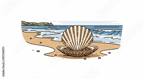Open scallop shell rests on a sandy beach with gentle waves and distant hills