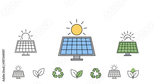 Sustainability and Green Energy Icon Set Featuring Solar Panels Recycle Symbols and Eco Leaves Minimalist Flat Vector Design
