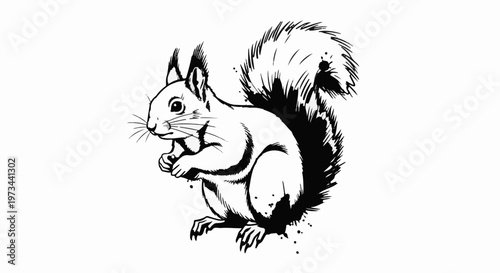A black and white illustration of a squirrel sitting with its paws clasped, holding a nut. Its bushy tail is raised