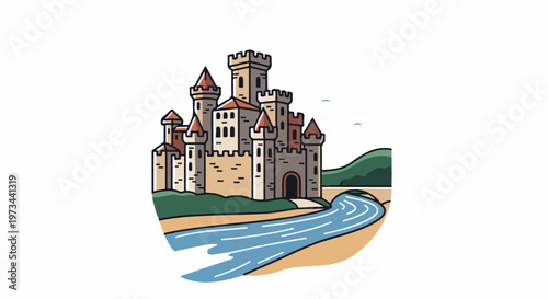 A fairytale castle with turrets sits beside a flowing river and green hills