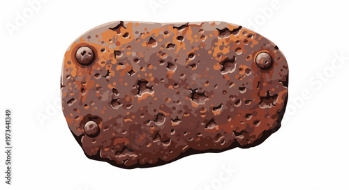 A textured, oval, rusty metal object with pitted holes and raised bolt heads