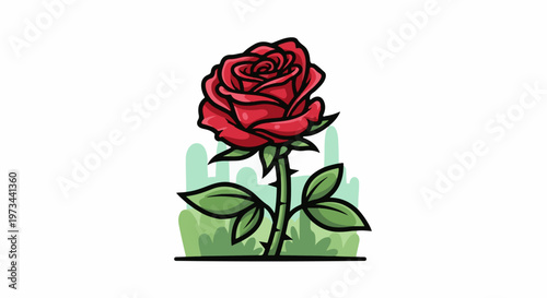 A vibrant red rose with thorny stem and green leaves blossoms amidst a stylized garden setting