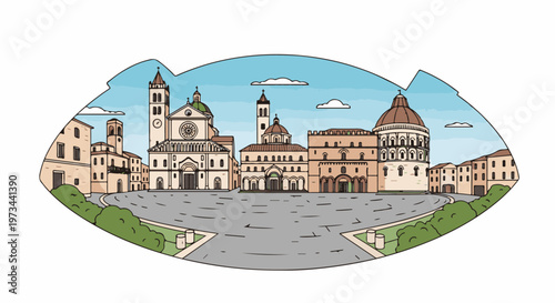 Stylized sketch of a historic town square with multiple ornate buildings