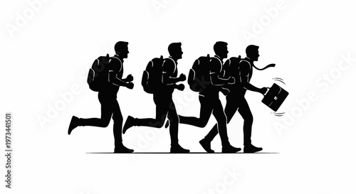 Four silhouetted figures in motion, three with backpacks and one holding a briefcase