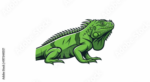 A vibrant green iguana with a spiky crest and detailed scales is depicted