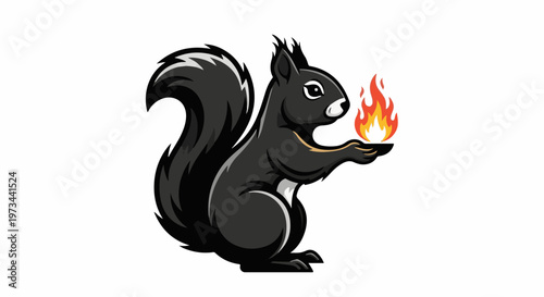 A black squirrel holds a flaming torch in its paws against a white background