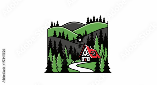 Cozy cabin nestled among pine-covered hills with a cuckoo clock