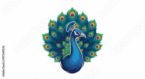 A vibrant peacock displays its iridescent, eye-spotted tail feathers in a grand fanned-out display