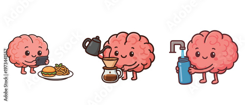 Cute brain characters doing daily activities flat vector illustration
