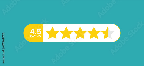 Bright yellow stars show rating of 4.5 out of 5. White bar holds stars against teal background. Simple, clean design for digital interfaces. Perfect for reviews or feedback sections