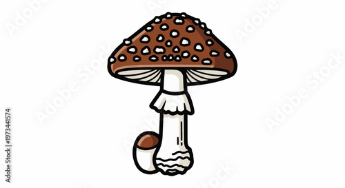 Cartoon illustration of a brown mushroom with white spots and a ruffled collar