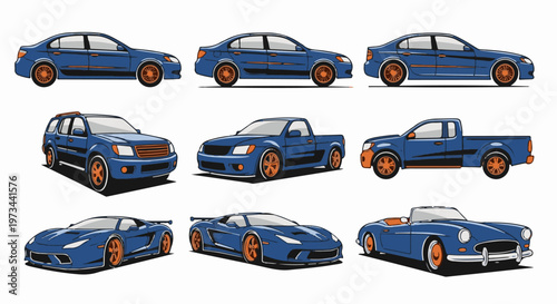 Assortment of blue pixel art vehicles with orange accents on white background