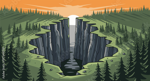 Pixelated canyon with sunlit sky, steep cliffs, and pine trees on grassy slopes