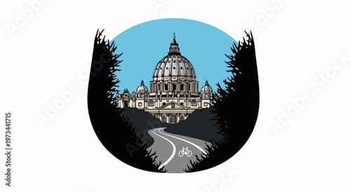 A winding road leads to a grand dome building, framed by trees under a blue sky