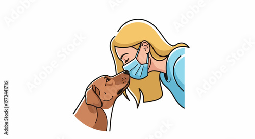 A blond-haired person wearing a blue face mask and light blue shirt gently nuzzles a brown dog