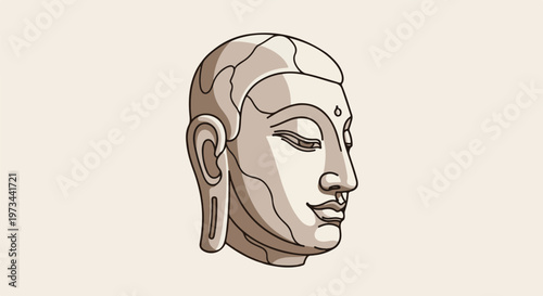 Stylized line art depiction of a serene Buddha head in profile, rendered in sepia tones