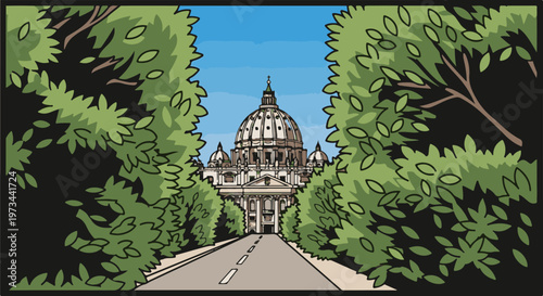Path leads to grand dome building framed by lush green trees under blue sky