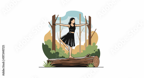 Woman balances on fallen log in serene forest clearing