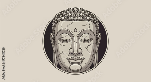 A detailed illustration of a cracked Buddha head with a serene expression within a circular frame