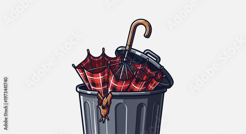 A broken plaid umbrella is discarded into a trash can