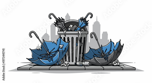 Broken umbrellas and trash overflowing a bin on a city sidewalk