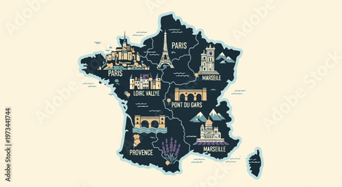 Illustrated map of France showcasing iconic landmarks and regions with charming pixel art