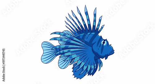 A vibrant cartoon lionfish with striking blue stripes and spiky fins, swimming in clear water
