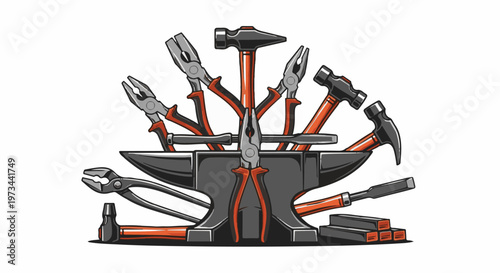 Anvil with various metalworking tools, including hammers, pliers, and chisels