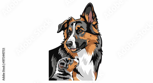 A stylized, close-up depiction of a parent dog and its puppy looking upwards